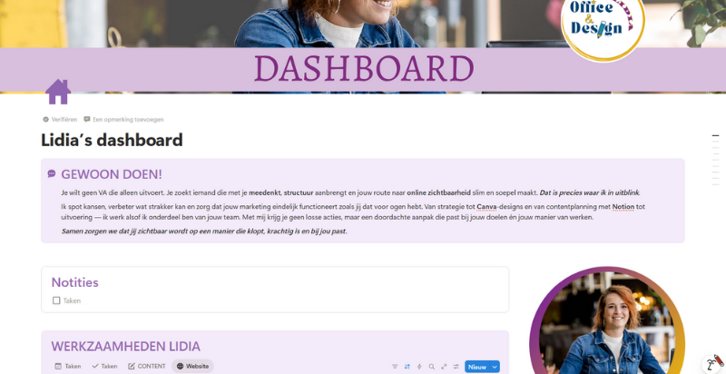 Notion dashboard voorbeeld door Office & Design Lidia
